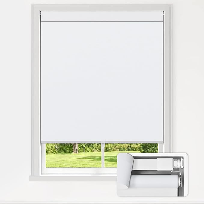 LazBlinds No Drill Blinds for Indoor Windows, Blackout Roller Shades, Cordless Window Blackout Blinds, Thermal Insulated Fabric UV Protection for Home and Office, 46" W x 48" H, White