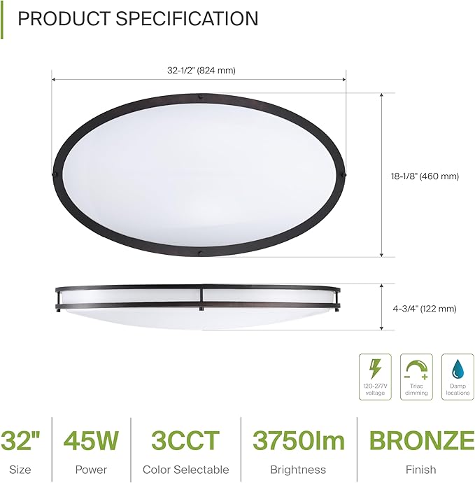 ASD LED 32" Oval Flush Mount Lighting, Close to Ceiling Light Fixture | 3CCT, Dimmable, Energy Star, ETL Listed | 45W 3750LM 3000-5000K 100-277V | Low Profile Double Ring Lamp | Dark Bronze, 2 Pack