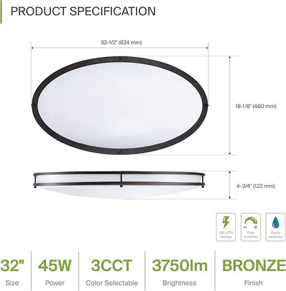ASD LED 32" Oval Flush Mount Lighting, Close to Ceiling Light Fixture | 3CCT, Dimmable, Energy Star, ETL Listed | 45W 3750LM 3000-5000K 100-277V | Low Profile Double Ring Lamp | Dark Bronze, 2 Pack