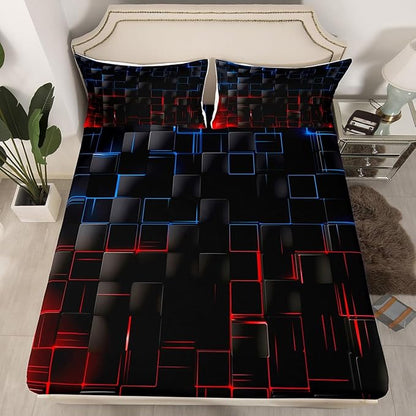 Manfei Blue and Red Sheet Set King Size, Abstract Geometric Bed Sheet Set 4pcs with Deep Pocket Fitted + Flat + 2 Pillowcases, Black Square Lattice Bedding Set for Kids Boys Girls Room Decor