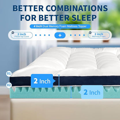 4 Inch Memory Foam Dual-Layer Mattress Topper Queen Size - 2Inch 1000GSM Quilted Pillow Top with Down-Alternative + 2Inch 5-Zone Egg Crate Memory Foam, Cooling & Breathable（Queen,60"x80"）