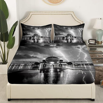 Airplane Bed Sheet Set 2 Pillowcases,3D Print Lightning Sky Print Gray Sheets Set,Aviation Plane Aircraft Modern Sheet Sets with Deep Pocket,Top Flat Sheet,King Size