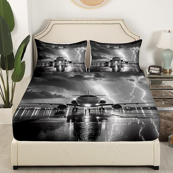 Airplane Bed Sheet Queen Set,3D Print Lightning Sky Print Gray Sheets Sets Bedroom Decor,Aviation Plane Aircraft Modern Bedding Set with Flat,Fitted Sheet,2 Pillow Cases