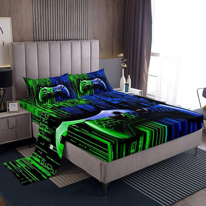 Gamepad Kids Sheet Full Size,Modern Videogame Gaming Controller Bedding Set,Boys Girls Room Decor,Geometric Honeycomb Hexagon Blue Green Fashion Bed Sheet Set 4pcs(Fitted + Flat + 2 Pillowcases)