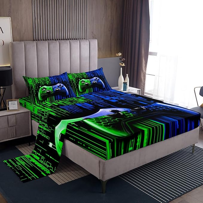 Gamepad Kids Sheet King Size,Modern Videogame Gaming Controller Bedding Set,Boys Girls Room Decor,Geometric Honeycomb Hexagon Blue Green Fashion Bed Sheet Set 4pcs(Fitted + Flat + 2 Pillowcases)