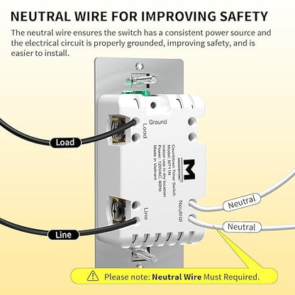 Minoston Countdown Timer Switch, 1-60 Min, Bathroom Fan Timer Switch, Adjustable LED Brightness, 120VAC Neutral Wire Req, ETL and FCC Listed, White (MT11N)
