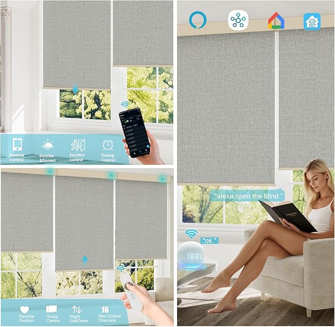 Motorized Blinds with Remote, Smart Blind Roller Shades Compatible with Alexa, Durable Rechargeable Battery Solar Power Electric Window Blinds Motorized Shades Customized Size (3-Layer Grey)