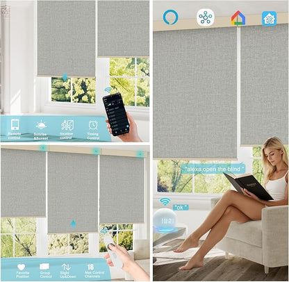 Motorized Blinds with Remote, Smart Blind Roller Shades Compatible with Alexa, Durable Rechargeable Battery Solar Power Electric Window Blinds Motorized Shades Customized Size (3-Layer Grey)