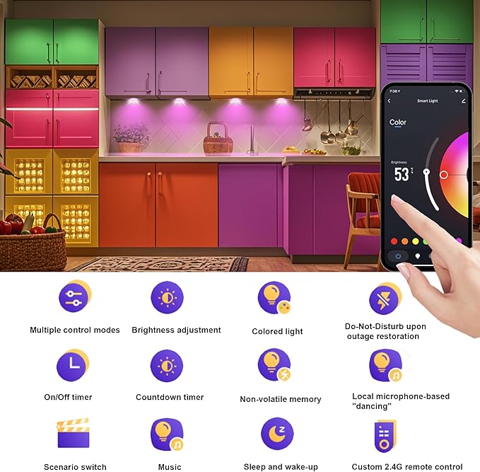 4 PCS Aluminum Round WiFi RGB Under Cabinet Lights Kit,Work with Alexa,Goog le Assistant,App and 2.4G RF Remote,Music Sync LED Light with Timmer Dimmable Under Counter Lights for Kitchen Bedroom