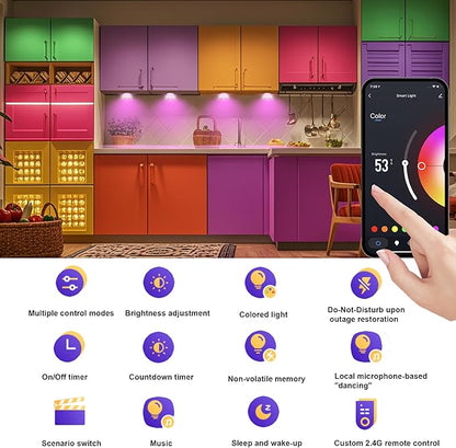 4 PCS Aluminum Round WiFi RGB Under Cabinet Lights Kit,Work with Alexa,Goog le Assistant,App and 2.4G RF Remote,Music Sync LED Light with Timmer Dimmable Under Counter Lights for Kitchen Bedroom