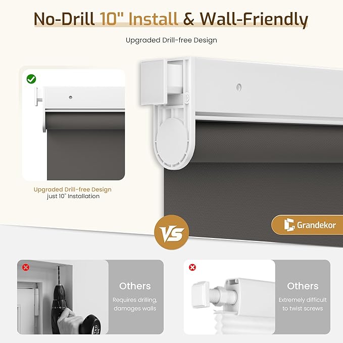 Grandekor No Drill Motorized Roller Blinds with Remote Control - Smoky Gray-Blackout 24.5 * 48 Motorized Blinds | Smart Electric Shades Compatible with App & Voice Control for Living Room