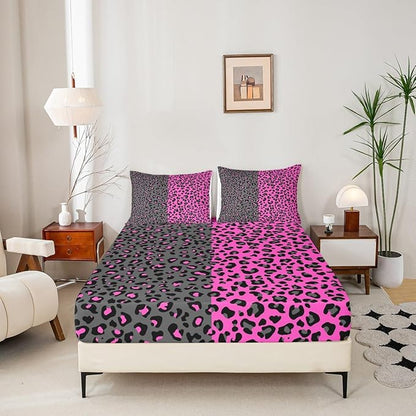 Manfei Leopard Print Sheet Set Queen Size Cheetah Bed Sheet Set 4pcs with Deep Pocket Fitted Sheet + Flat Sheet + 2 Pillowcases Black and Purple Animals Soft Bedding Set for Kids Teens Boys Girls
