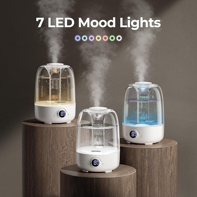 Homvana Humidifiers for Bedroom Diffusers - Top Fill 4L Cool Mist Humidifier Large Room, 40H Runtime Diffusers for Home, Air Humidifier for Plants, Baby Nursery, Easy to Clean, Essential Oil Diffusers