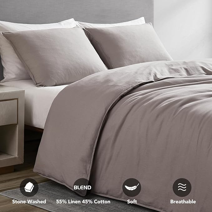 DAPU Linen Duvet Cover Set - French Linen Cotton Blend Natural Flax Soft Breathable Bedding 3 Pcs Set - 1 Duvet Cover 2 Pillowcases (Gray, King)