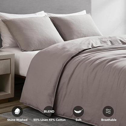 DAPU Linen Duvet Cover Set - French Linen Cotton Blend Natural Flax Soft Breathable Bedding 3 Pcs Set - 1 Duvet Cover 2 Pillowcases (Gray, King)