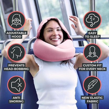 FlyHugz® 2.0 Hooded Travel Pillow – 2026 Original Release – Memory Foam Neck Pillow with Adjustable Hood & Premium Elastic Washable Cover – First Class Comfort for Flights, Road Trips & Sleep- Pink