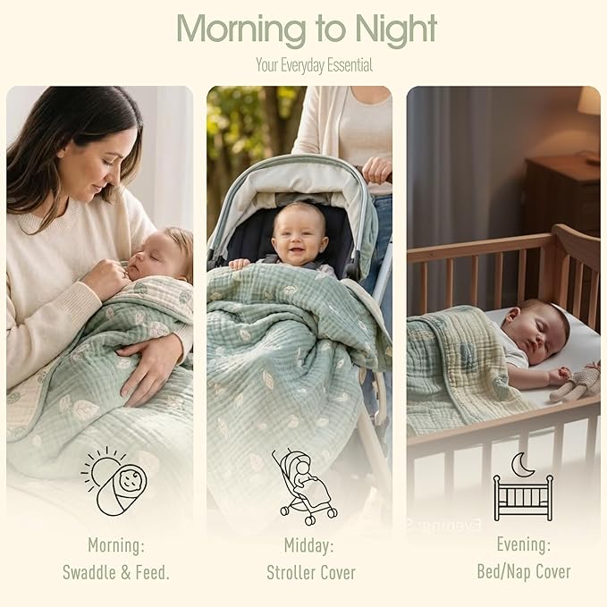 Botanical Muslin Baby Blanket - Made with Organic Cotton, Sage Green Leaf Jacquard for Gender Neutral Nursery, Baby Registry Gift, 43x43 Inches (Terra Sage Green)