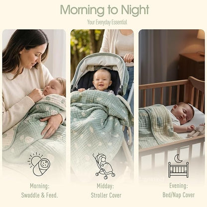 Botanical Muslin Baby Blanket - Made with Organic Cotton, Sage Green Leaf Jacquard for Gender Neutral Nursery, Baby Registry Gift, 43x43 Inches (Terra Sage Green)
