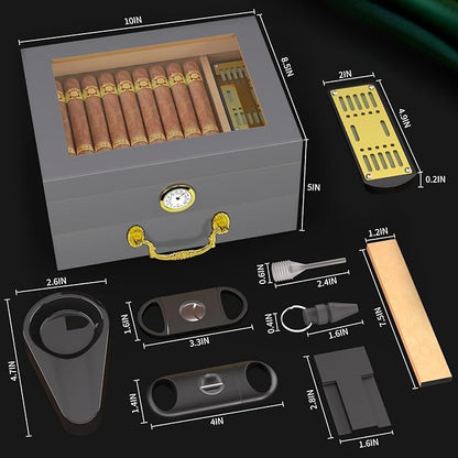 Cigar Humidor Box - Spanish Cedar Small Table Top Humidors for 20-50 Cigars with Accessories and Humidifier - Storage Drawer - Stylish Desktop Cigar Holder for Men - Portable Travel Case Light Gray