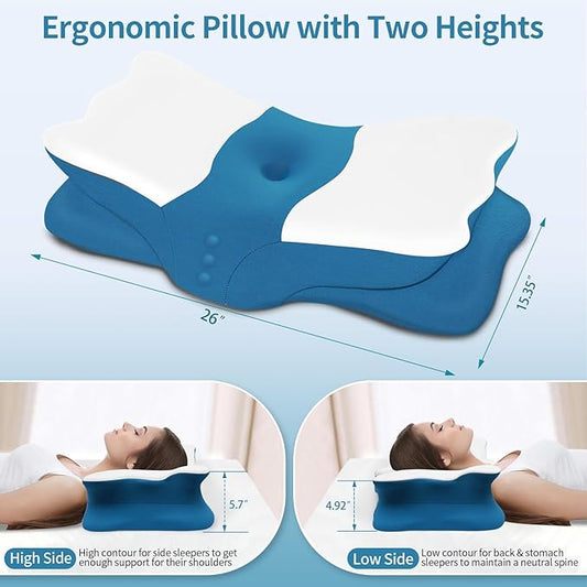 Cervical Neck Pillow for Sleeping - Ergonomic Pillow for Neck Pain Relief - Memory Foam Pillows with Cooling Pillowcase, Orthopedic Contour Neck Support Pillow for Side, Back and Stomach Sleepers