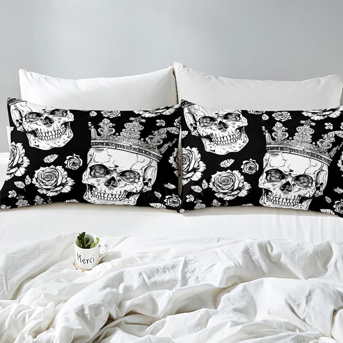 Manfei Floral Skull Kids Sheet Set Twin Size, Gothic Skull Crown Flower Bed Sheet Set 3pcs (Fitted Sheet, Flat Sheet, 1 Pillowcase), Halloween Theme Bedding Set for Boys Girls Bedroom Decor