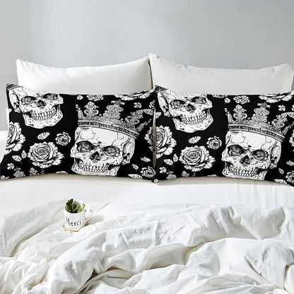 Manfei Floral Skull Kids Sheet Set Full Size, Gothic Skull Crown Flower Bed Sheet Set 4pcs (Fitted Sheet, Flat Sheet, 2 Pillowcases), Halloween Theme Bedding Set for Boys Girls Bedroom Decor