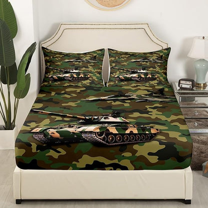 Manfei Aircraft Sheet Set Queen Size, Army Camo Tank Airplane Bed Sheet Set 4pcs with Deep Pocket Fitted Sheet + Flat Sheet + 2 Pillowcases, Green Camouflage Bedding Set for Kids Boys Teens Room Decor