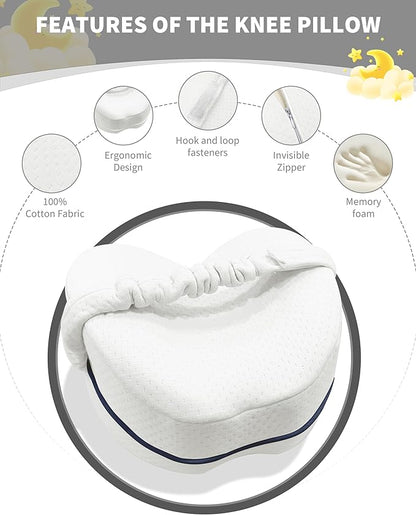SPRING SEAON Knee Support Pillow for Side Sleepers – Deep Contour Memory Foam Leg Pillow with Adjustable Strap for Sciatica, Hip, Back & Knee Pain Relief – Breathable, Washable Cover, White