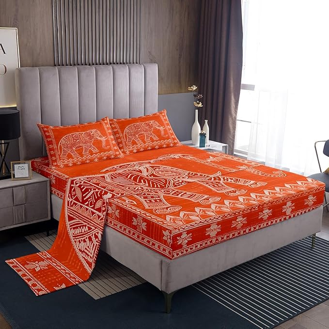 Native American Indian Style Kids Sheet King Size,Exotic Elephant Bohemia Bedding Set,Boys Girls Room Decor,Geometric Flowers Trippy Boho Orange Bed Sheet Set 4pcs(Fitted + Flat + 2 Pillowcases)