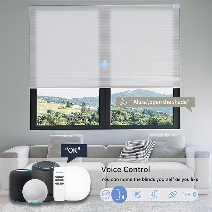 Motorized Cellular Shades with Remote, Light Filtering Smart Cellular Shades Compatible with Alexa, Honeycomb Window Blinds for Bedroom Home Office, Custom Size, Half Shading Crystal White