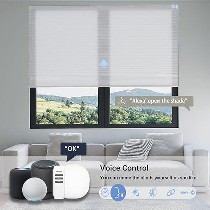 Motorized Cellular Shades with Remote, Light Filtering Smart Cellular Shades Compatible with Alexa, Honeycomb Window Blinds for Bedroom Home Office, Custom Size, Half Shading Crystal White