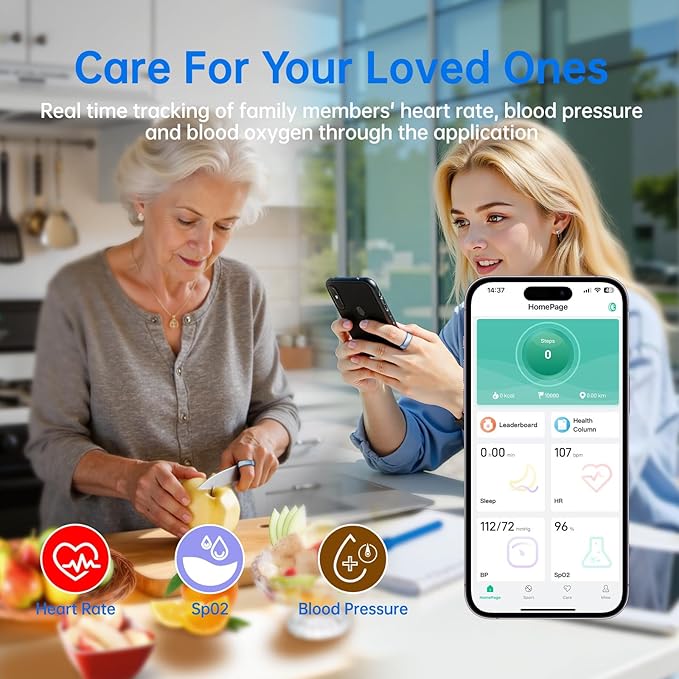 Smart Ring for Women & Men, Health Tracker Ring with Heart Rate, Blood Oxygen,Blood Pressure, IP68 Waterproof Fitness Ring, Sleep Tracker for iPhone and Android, No APP Fee (Blue, 7#)