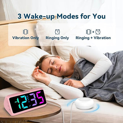 Netzu Loud Alarm Clock for Heavy Sleepers, Plug-in RGB Vibrating Alarm Clocks with Bed Shaker, 5 Dimmers, 2 Alarms and Snooze for Bedrooms Hearing Impaired Deaf Adults Pink