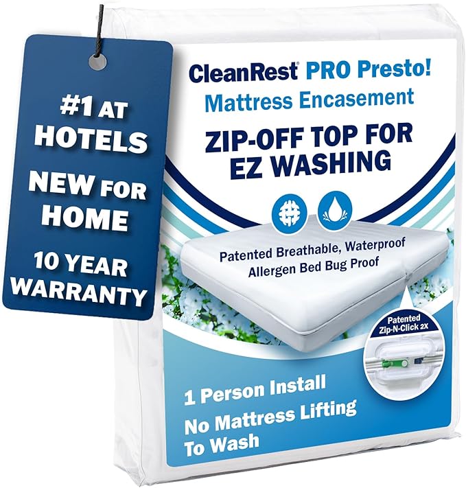 CleanRest PRO Presto! Zip-Off Top Mattress Encasement for EZ Washing, Queen Size, Waterproof Mattress Protector - Bed Bug, Dust Mite & Allergen Proof - 1 Person Install, No Mattress Lifting to Wash