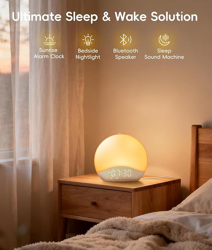 ecozy Sunrise Alarm Clock for Bedroom, White Noise Sound Machine, 26 Soothing Sounds, 17 Night Lights, Bluetooth Speaker, Music-Sync Lights, Wake Up Sunlight for Heavy Sleepers, Adults, Kids - Natural