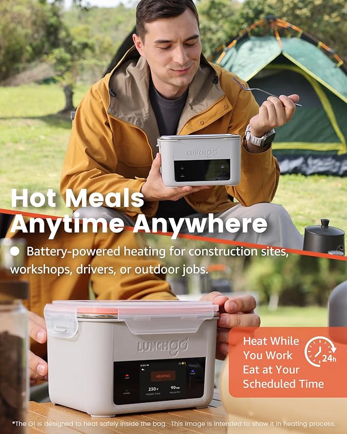LUNCHGO® G1-Standard(74 Wh), Smart Electric Heated Lunch Box – Cordless, 5 Cups Capacity, Battery Powered, 250°F Max, Scheduled Heating, Perfect for Outdoor Work, On-The-Go Meals (Neon Gray)