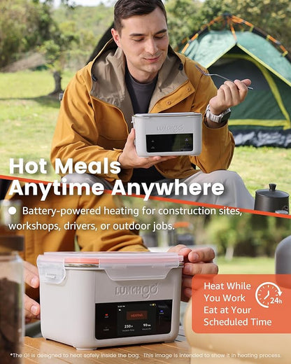LUNCHGO® G1-Standard(74 Wh), Smart Electric Heated Lunch Box – Cordless, 5 Cups Capacity, Battery Powered, 250°F Max, Scheduled Heating, Perfect for Outdoor Work, On-The-Go Meals (Neon Gray)