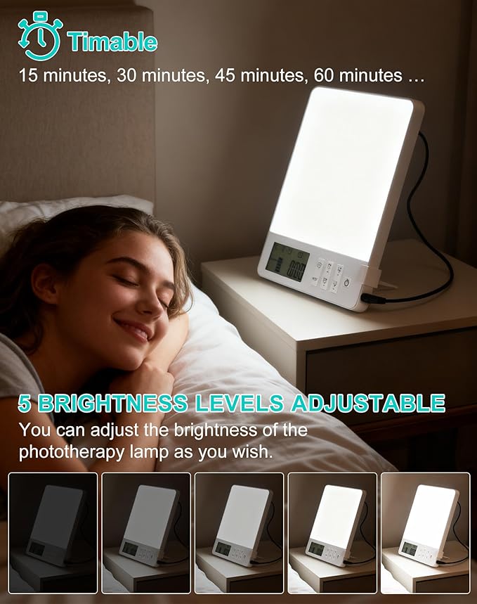 BAOMING Light Therapy Lamp 10000 Lux Brightness-UV Free,Blue Lighting Improve Sleep Quality,Whit Lighting Imitation of Sunlight,Display,4 Periods Timer Function,5 Levels Brightness Adjustment, 1-Pack