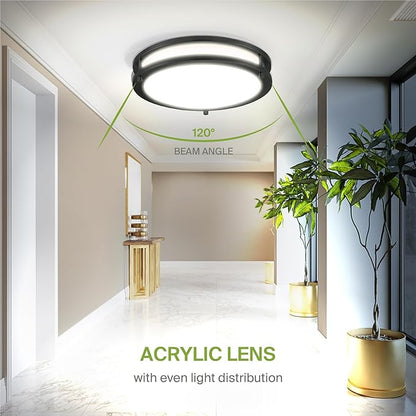 ASD LED 12" Round Flush Mount Lighting, Close to Ceiling Light Fixture | 3CCT, Dimmable, Energy Star, ETL Listed | 20W 1532LM 3000-5000K 120V | Low Profile Double Ring Lamp | Black, 4 Pack