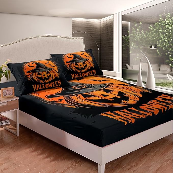 Happy Halloween Fitted Sheet,Psychedelic Pumpkin Hippie Graffiti Soft Decorative Fabric Bedding Halloween Witch Hat Bats Trippy Orange Black Pocket Twin Size with 1 Pillowcase