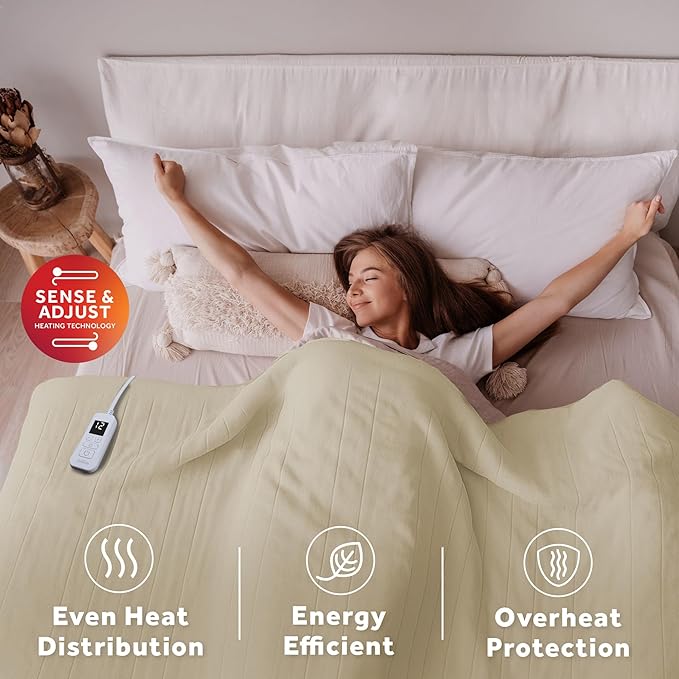 Sunbeam Royal Ultra Fleece Heated Electric Blanket Full Size, 84" x 72", 12 Heat Settings, 12-Hour Selectable Auto Shut-Off, Fast Heating, Machine Washable, Warm and Cozy, Pebble