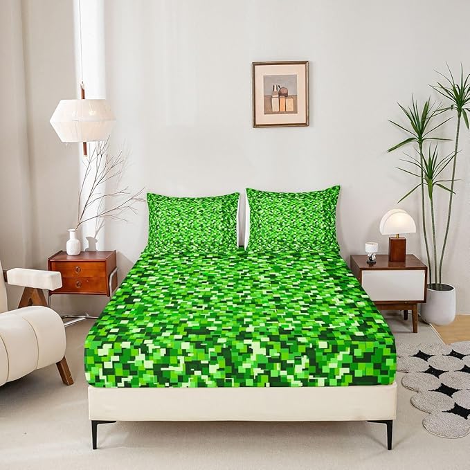 Pixelated Blocks Kids Queen Size Fitted Sheet,Patchwork Square Video Games Room Decor,Abstract Geometric Grid Boys Girls Bed Sheets,Green Bedding Set,2 Pillowcases(No Flat)
