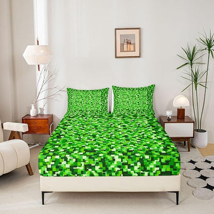 Pixel Check Kids Twin Size Fitted Sheet,Video Games Geometric Lattice Boys Girls Bed Sheets,Game Cartoon Gamepad Room Decor,Green Bedding Set,1 Pillowcase(No Flat)