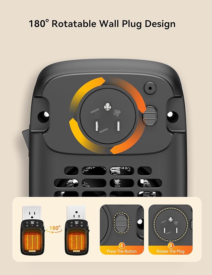 Brightown Wall Plug-in Heater for Indoor Use, 800W Small Electric Space Heater with Thermostat, Remote Control, Overheat Protection, LED Display, 12H Timer for Home Bedroom Office RV, Black