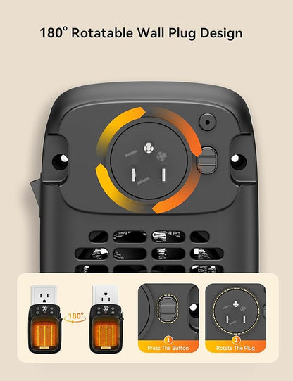 Brightown Wall Plug-in Heater for Indoor Use, 800W Small Electric Space Heater with Thermostat, Remote Control, Overheat Protection, LED Display, 12H Timer for Home Bedroom Office RV, Black