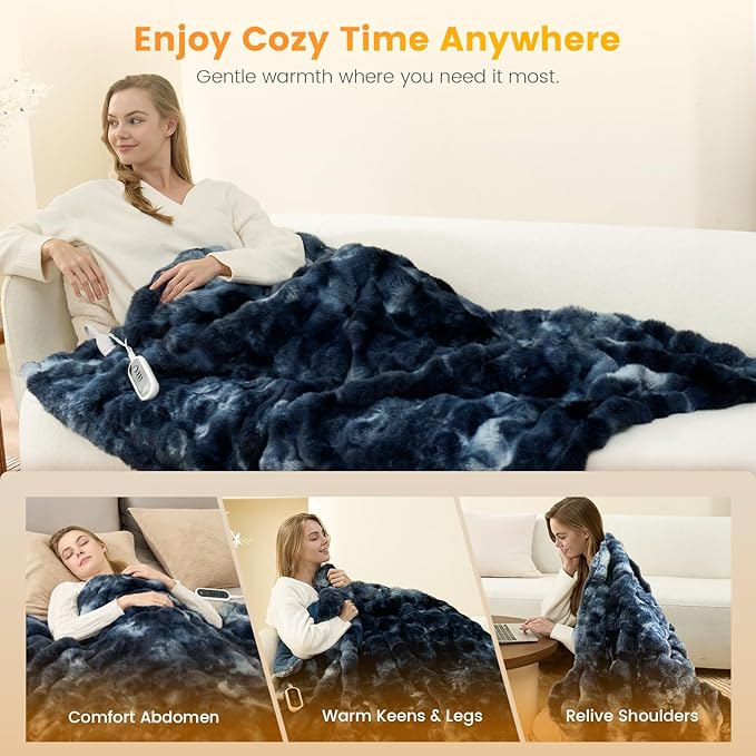 Amélie Home Heated Bubble Faux Fur Blanket Electric - 50"x60" Heating Blanket Throw 2/4/6/8 Hours Auto-Off 8 Heat Level Over-Heat Protection Electric ETL Certification Tie-dye Blue