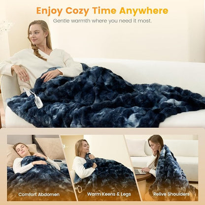Amélie Home Heated Bubble Faux Fur Blanket Electric - 50"x60" Heating Blanket Throw 2/4/6/8 Hours Auto-Off 8 Heat Level Over-Heat Protection Electric ETL Certification Tie-dye Blue