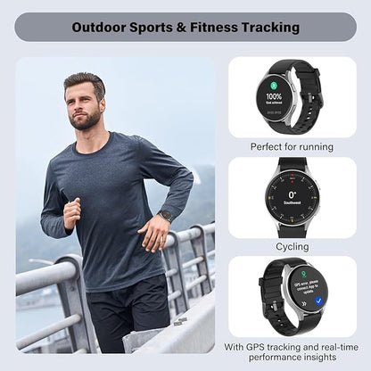 Smart Watch for Men Women (Answer/Make Calls) - 1.32" AMOLED Matte Black Fitness Tracker with GPS & Alexa, 5ATM Waterproof Activity Monitor, Heart Rate/Sleep/SpO2, Sports Watch for Android iPhone