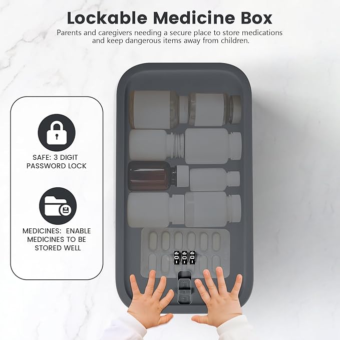 Small Lock Box,Lockable Storage Box with Combination Code for Medication Safe, Medicine Lock Box for Pills/First Aid Kits/Food/Snack Phone Jail,Locked Container for Home/Fridge/Office/School(Grey)