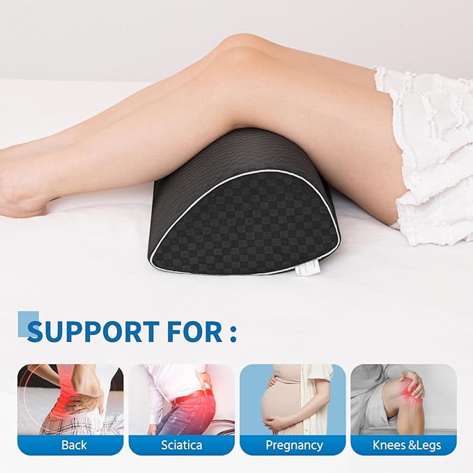 Knee Pillow for Back Sleeping – Ergonomic Memory Foam Cushion for Hip & Back Pain Relief – Leg Wedge Pillow for Spinal Alignment – Support for Side & Back Sleeping, Machine Washable Cover (Black)